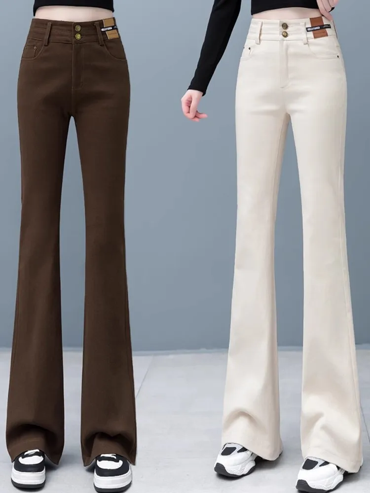 

Джинсы с высокой талией и флисовой подкладкой, расклешенные, женские, осенне-зимние, облегающие, повседневные, белые брюки, для работы, длинные штаны