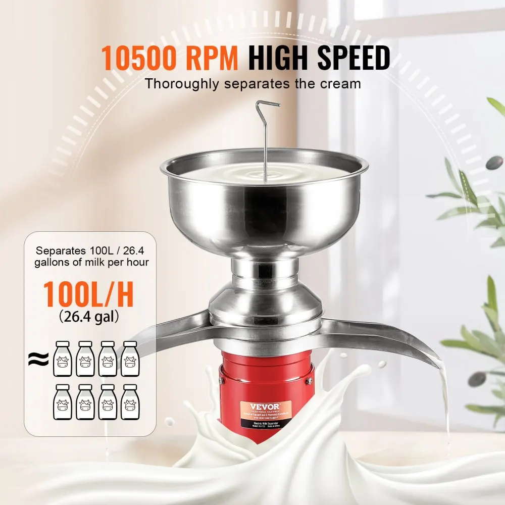 VEVOR 100L/H Electric Milk Cream Separator Commercial Stainless Steel Centrifugal Skimmer Household Butter Milk Skimming Machine