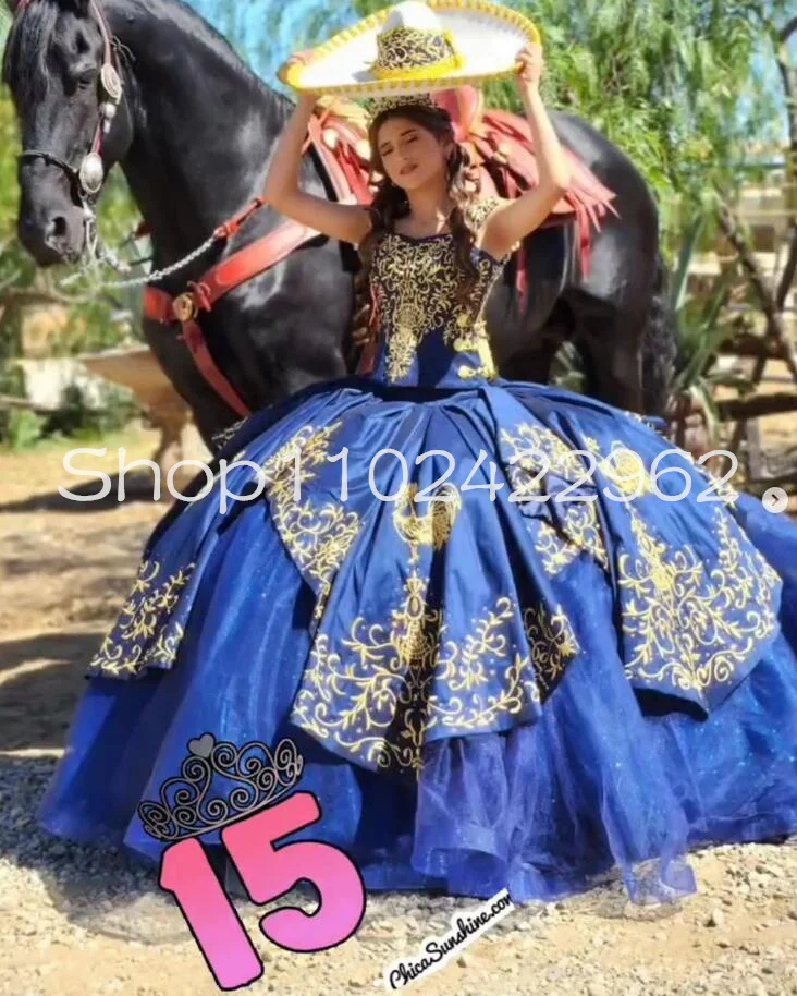 Navy Blue Mexican Charro Quinceanera Dresses Off Shoulder Bustle Corset Gold Embroidery Princes Sweet 15 vestido formatura azul