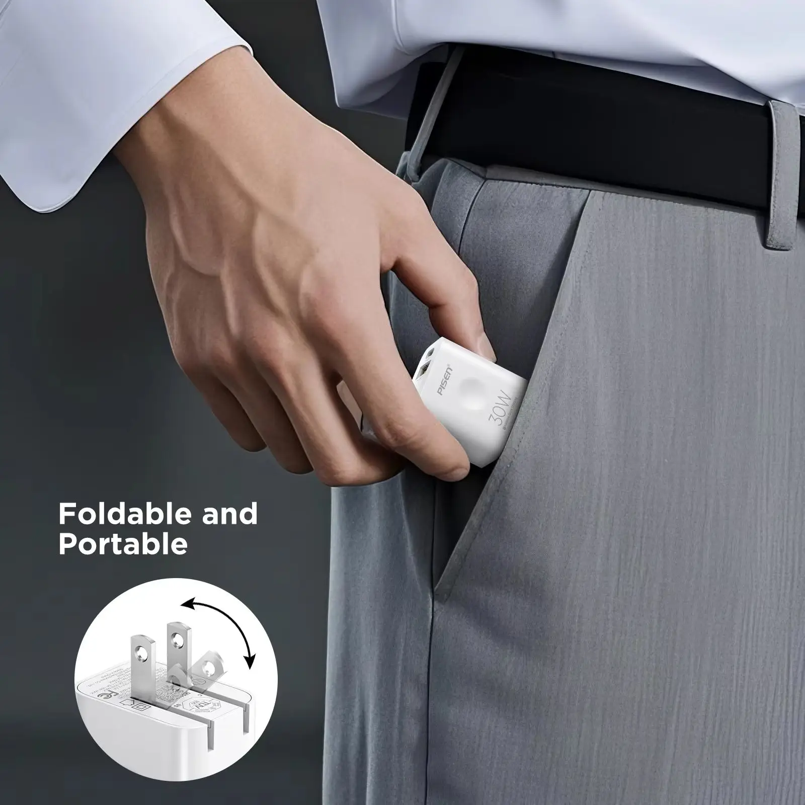 شاحن PISEN 30WPD QC 3.0 ثنائي المنفذ مع كابل 4 أقدام من النوع C إلى L قابل للطي لهاتف iPhone 14، 13، 12، 11 Pro Max XR XS X، IPad،