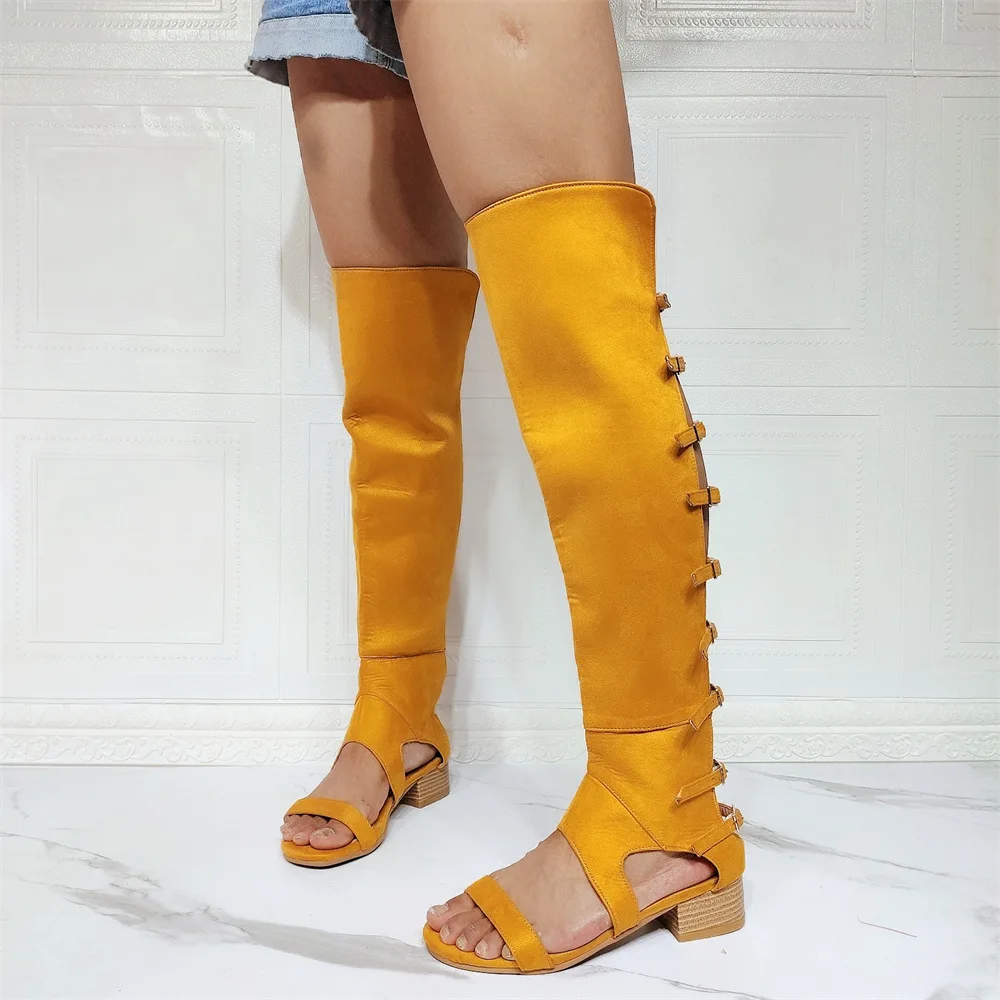 Luxury Flat Gladiator Sandals Woman Open Toe Suede Leather Low Heels Shoes Lady Hollow Knee High Boots Summer