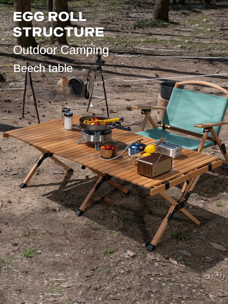 Wooden Roll Up Camping Table Beech Folding Wood Picnic Table Foldable Portable Outdoor Indoor All-Purpose Egg Roll BBQ 120cm