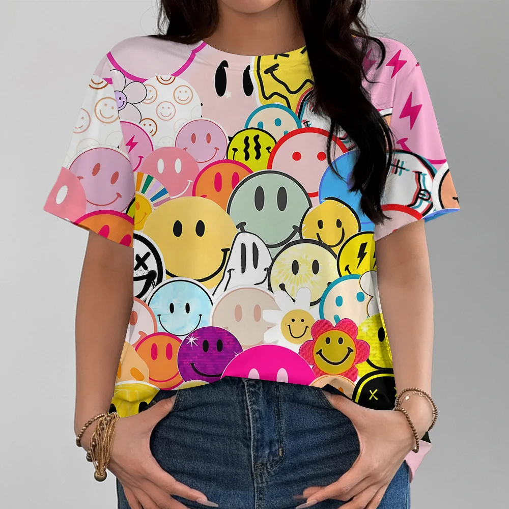 Camiseta informal con estampado de cara sonriente para mujer de arcoíris, diseño divertido multicolor, moda informal, cómoda, manga corta de verano