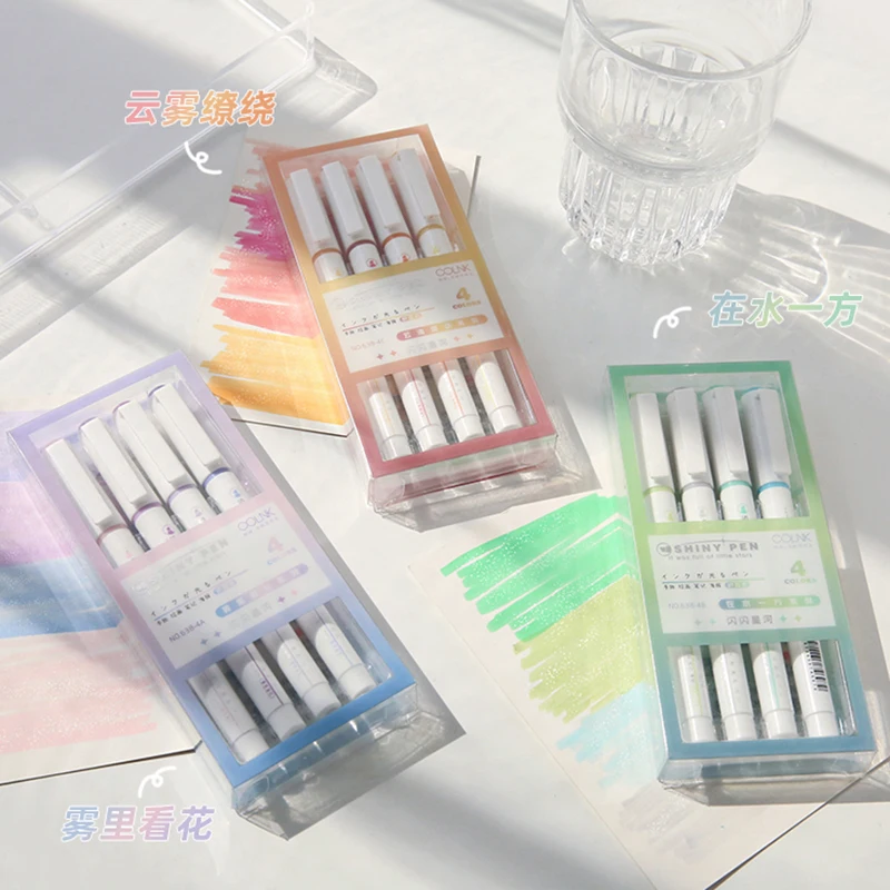 4 Colors/box Fine Glitter Highlighter Pen Set Fluorescent Markers Highlighters Pens Art Marker Japanese Cute Kawaii Stationery