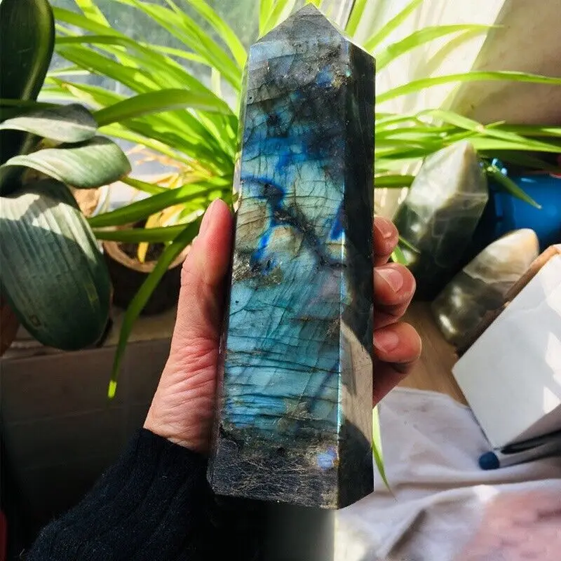 Natural Labradorite Obelisk Quartz Crystal Wand Point Large Healing