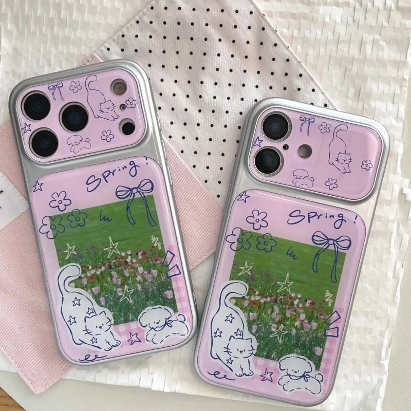 

Spring Cute Cat Flower Painting Plating Phoone Cases For iPhone 17 Pro 16 15 Pro Max 14 Pro Back Cover Shockproof Protective Cas