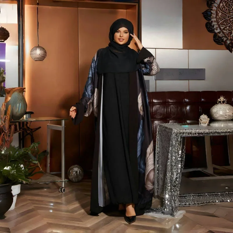 Muslim Dresses for Women 2024 Summer Muslim Long Sleeve Open Abaya Dubai Kaftan Muslim Cardigan Abayas Dresses With Hijab