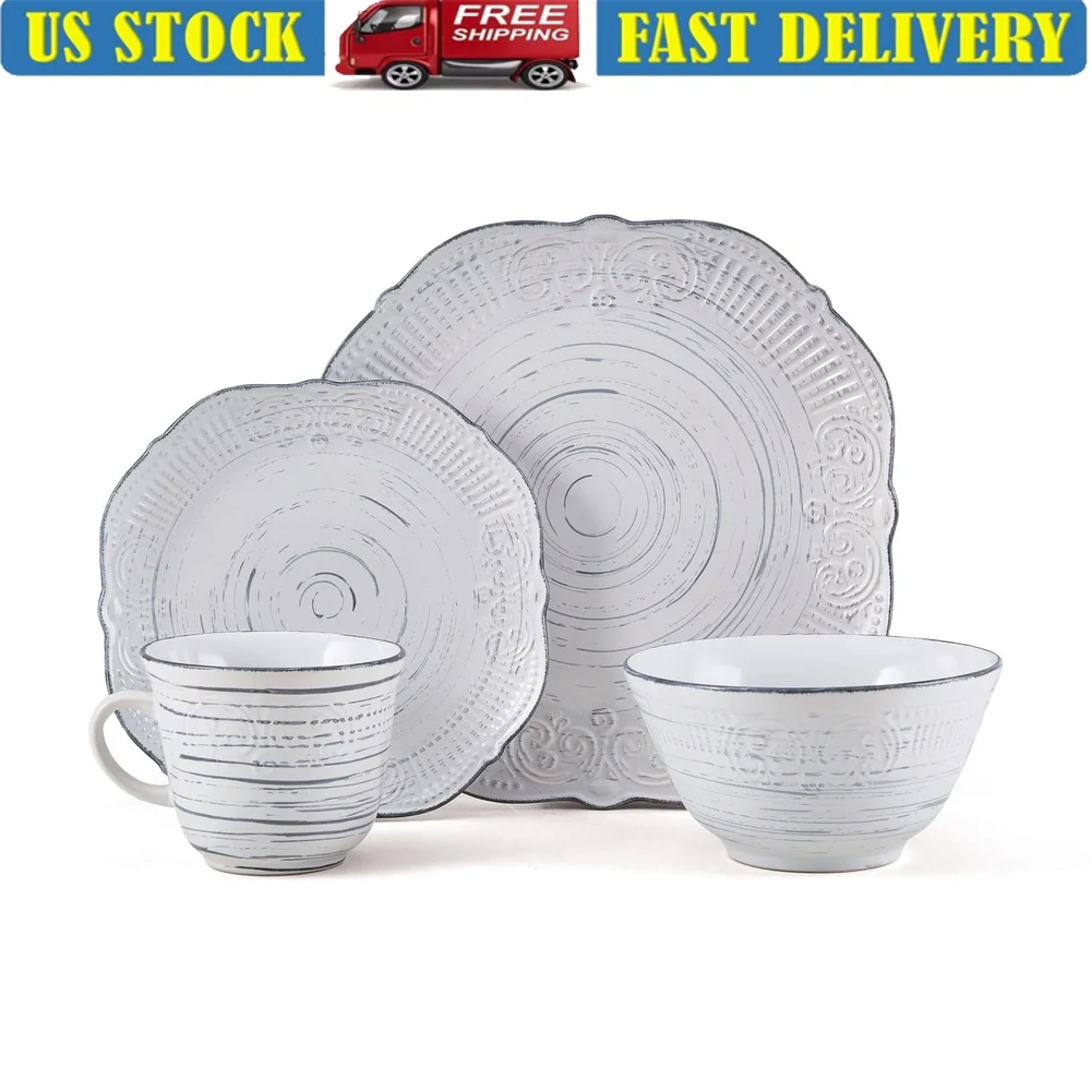 

Rustic 16-Piece Dinnerware Set Unique Handpainted Stoneware Microwave Dishwasher Safe Service 4 Durable Elegant Design