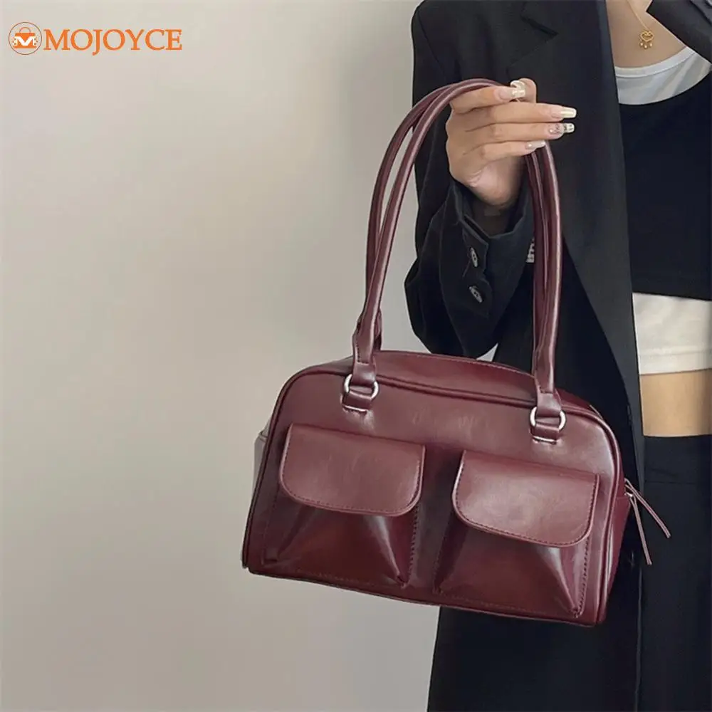 Vintage Women Business Shoulder Bags Simple Ladies Commute Tote Bag PU Leather Female Underarm Bag Double Pocket Handbags Purses