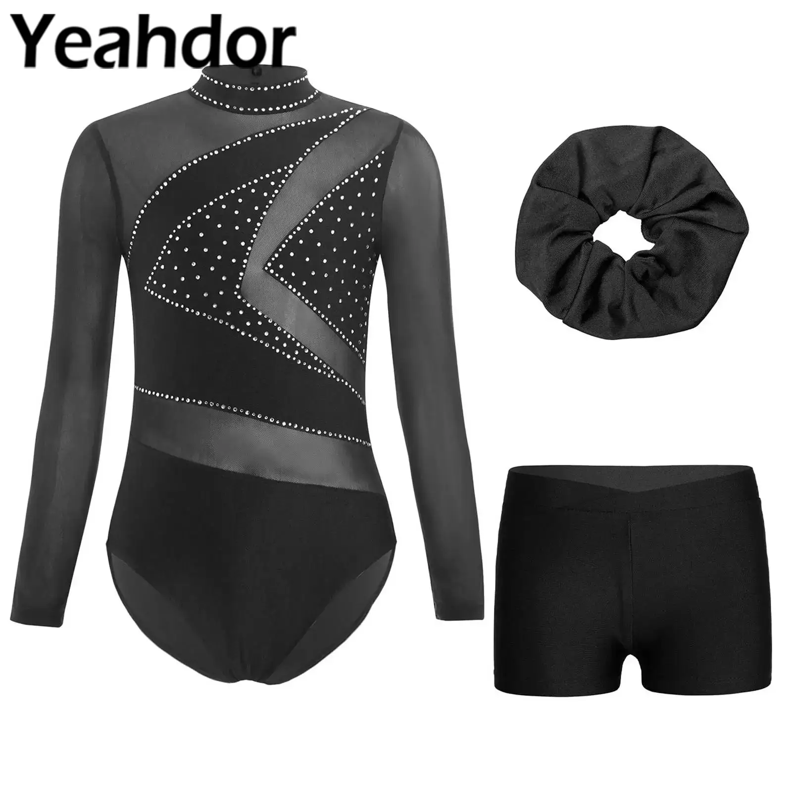 Conjuntos de balé para meninas, roupas esportivas, ginástica, patinação artística, roupa de dança, manga longa, strass, collant com shorts, faixa de cabelo