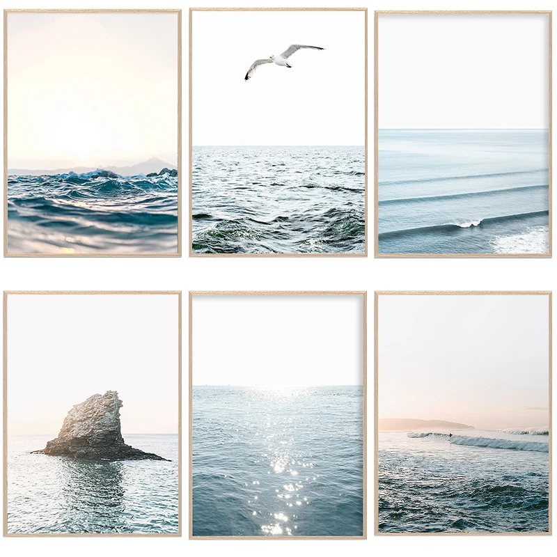 Ocean Waves Sea Skyline Photography Poster Blue Beach Coastal Seascapes Canvas  Wall Art for Living Room Home Decor