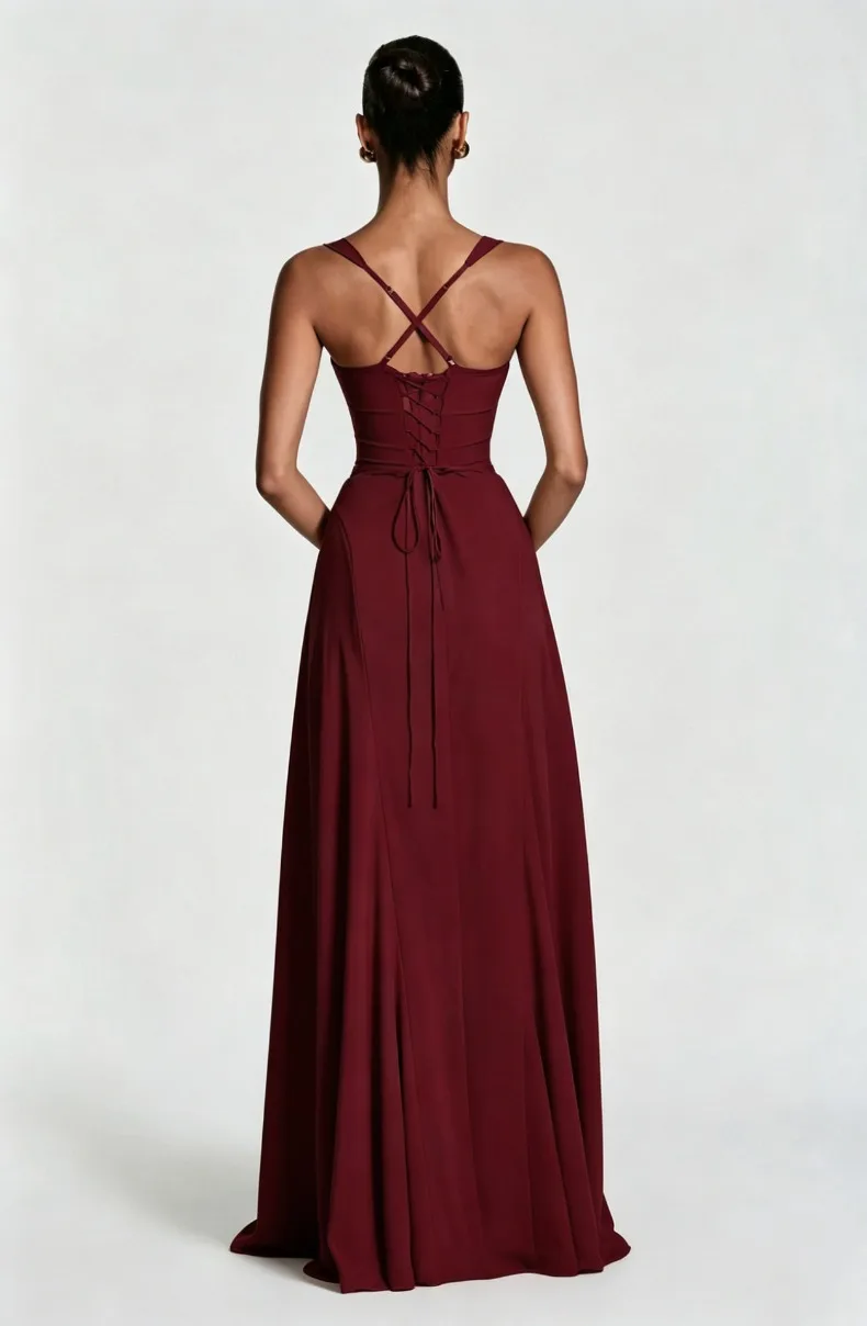 Einfarbiges trägerloses Camisole-Kleid mit Rückenausschnitt und Taillenbund, A-Linien-Kleid, elegantes Abendkleid für Geburtstagsfeiern und Brautjungfern. – Detail 9