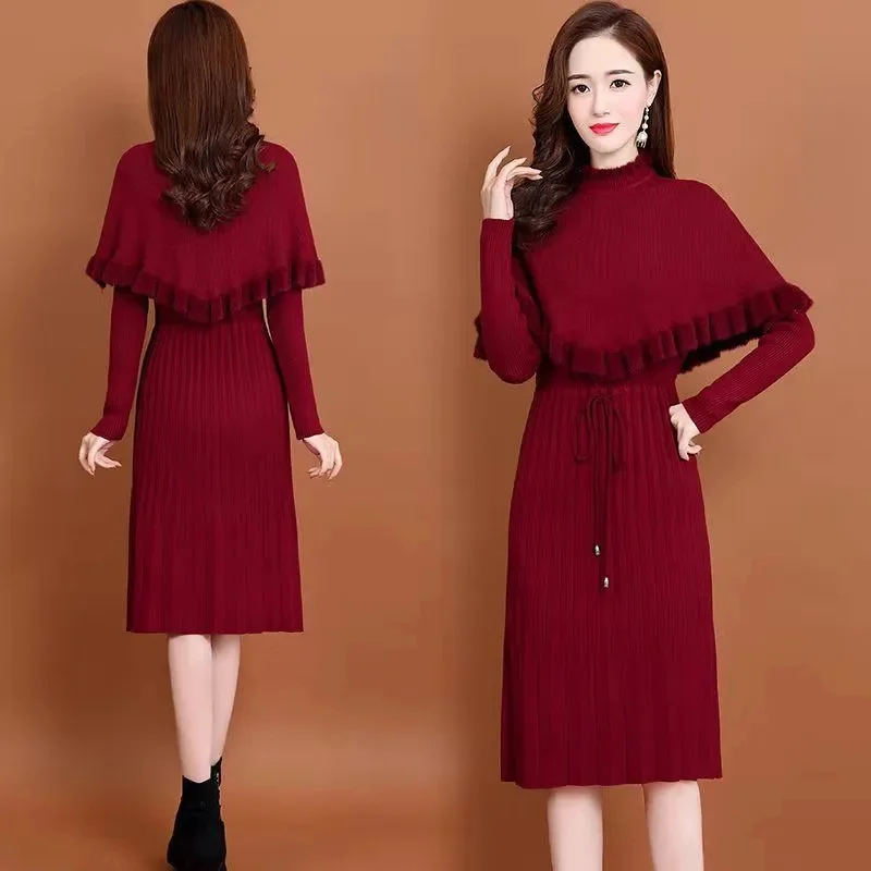 Thời Trang Mới 2021 Nữ Thu Đông Dài Áo Len Đầm Áo Thun Ấm Dệt Kim Chui Đầu Đầm + Áo Len Áo Vest 2 Miếng Bộ