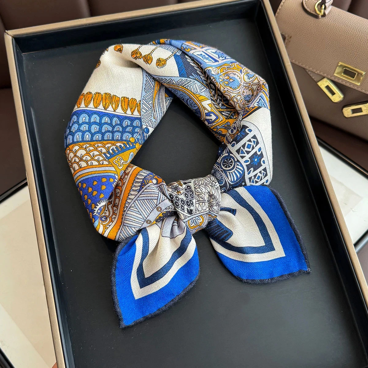

82% Wool 18% Silk Designer Scarf for Women Ethnic Vintage Print Square Scarf Luxury Brand Neck Warmer Winter Accessories