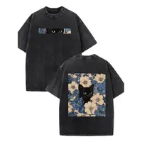Camiseta de Manga Corta con Cuello Redondo Estilo Y2K para Hombre, Ropa Nueva, Camisetas con Estampado Floral de Gato Negro, Divertido Diseño Vintage Lavado