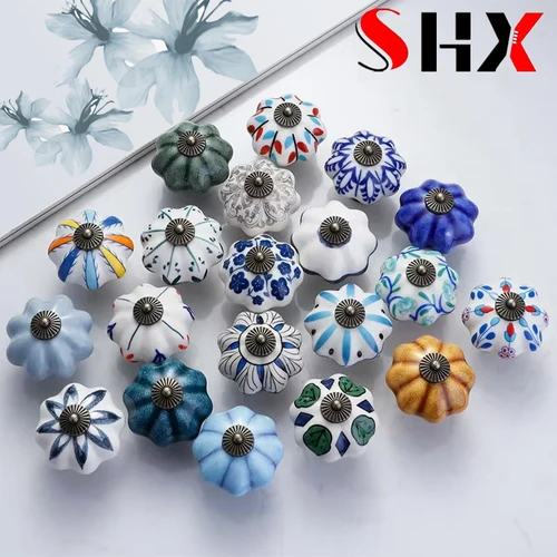 Manija de cerámica de calabaza americana para jardín, manija de cerámica pintada a mano de un solo orificio, manija para muebles, puerta de gabinete, cajón, 40MM