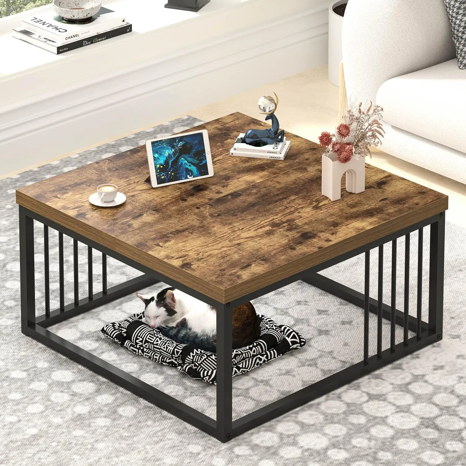 

Modern Coffee Table, Square Center Table for Living Room, Industrial Rustic Wood and Metal Cocktail Tea Table, 31.5 Inch, Brown
