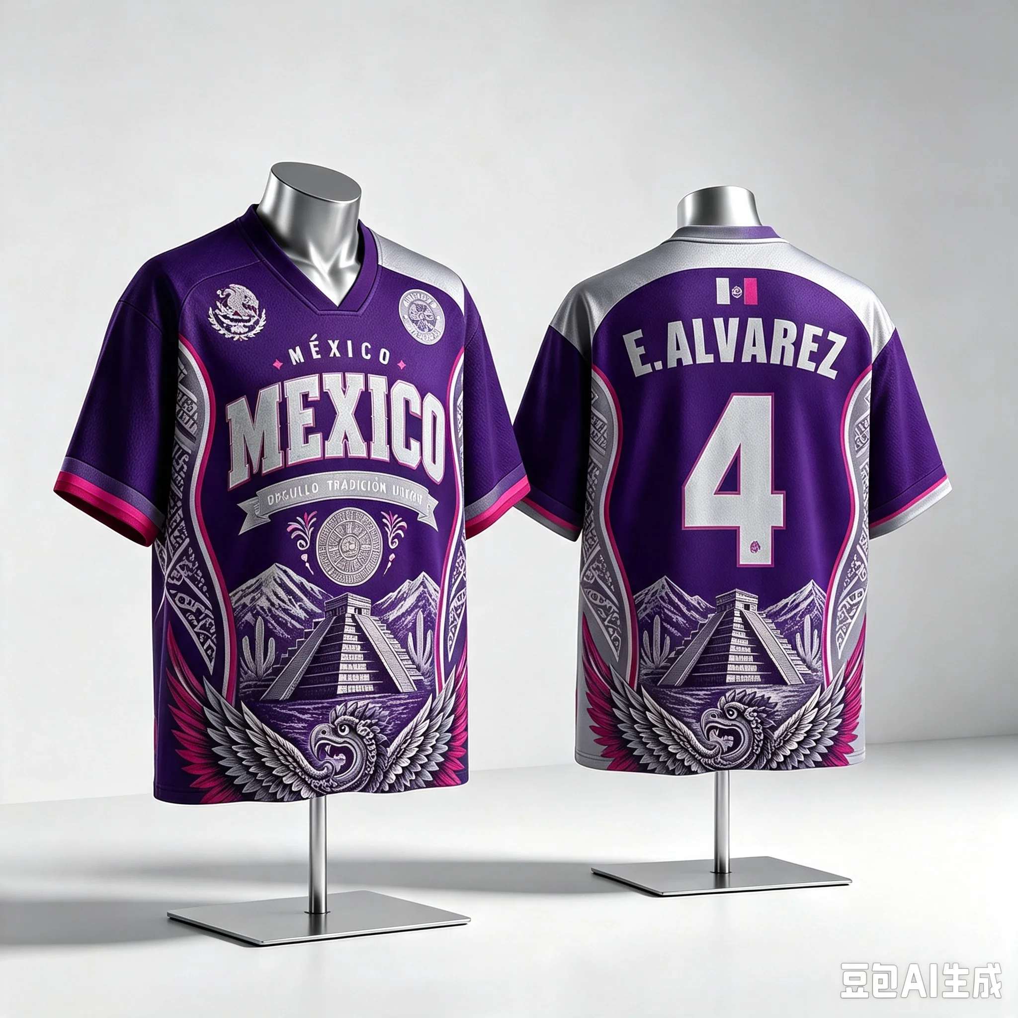 Family Replica Soccer Jersey,V‑Neck Short‑Sleeve Mesh Top,Mexican Mayan Pyramid Folk Art Print, NO.4, Casual Street Tee