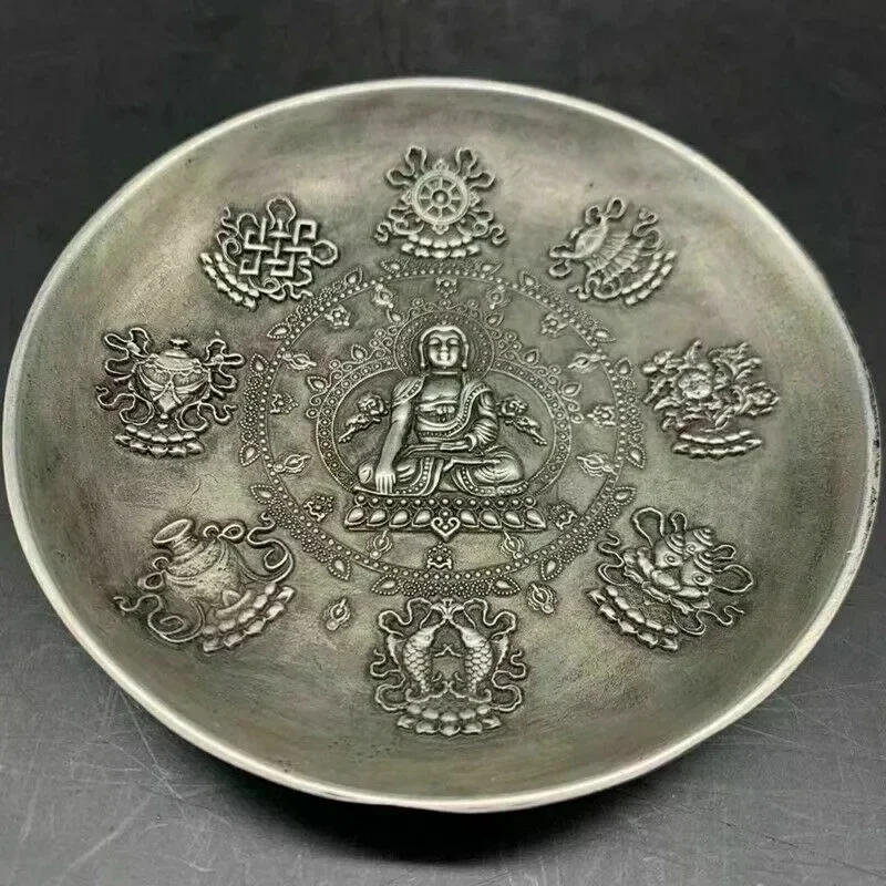 Old Chinese Tibet Silver Handcarved Buddha Eight Treasures Plate Qianlong Mark