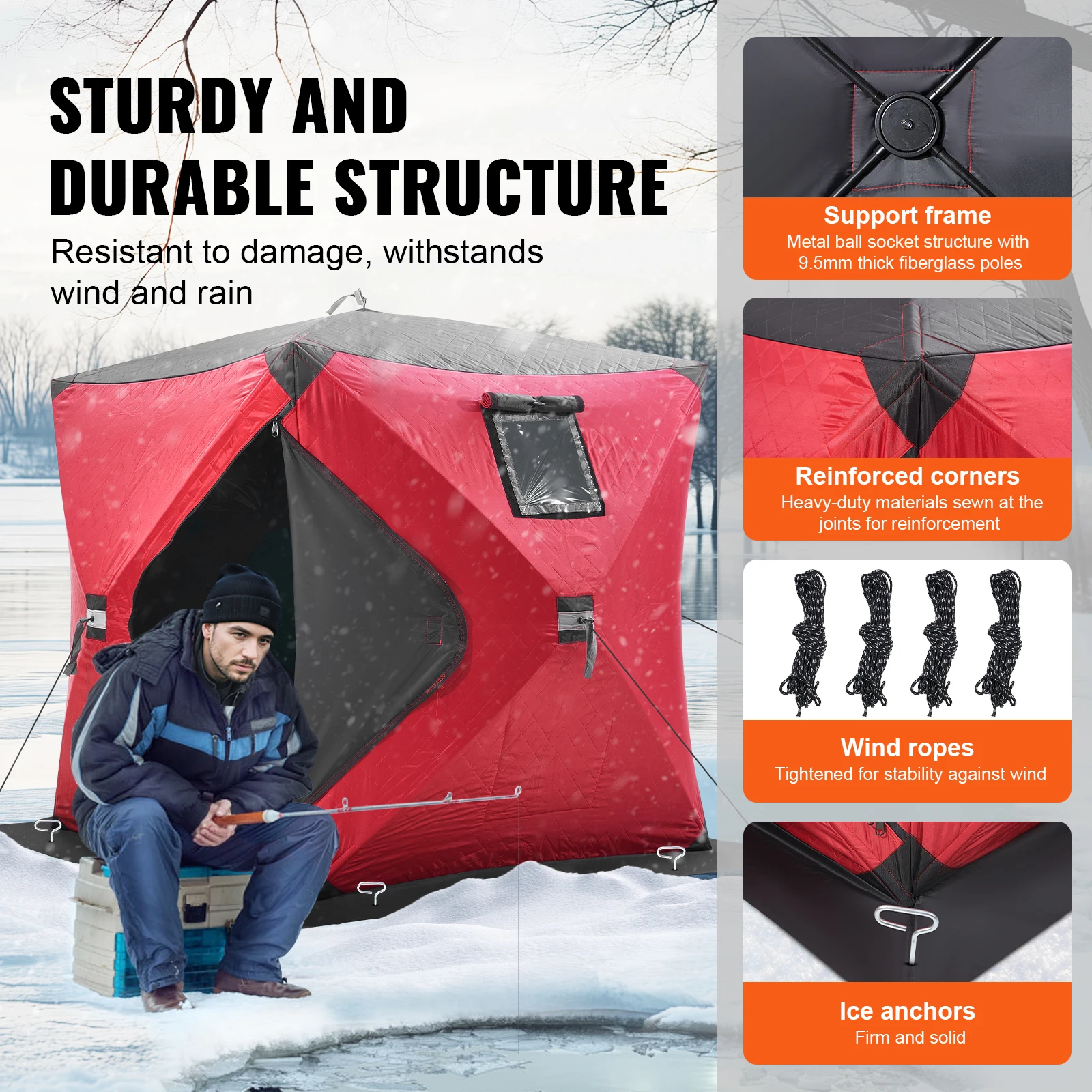 VEVOR Tenda da Pesca sul Ghiaccio 1,5 x 1,5 x 1,65 m Rifugio Portatile per Pesca sul Ghiaccio per 1-2 Persone, Isolamento Termico, Tessuto Oxford, Ancore, Corde, Borsa Trasporto, per Pesca Invernale