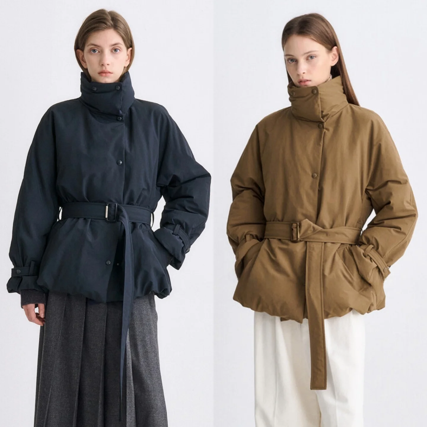 

Ultra-Warm Goose down Korean Sle Stand Collar Jaet with Belt Commuter Versatile Thi down Coat Outerwear V-Ne Long Sve