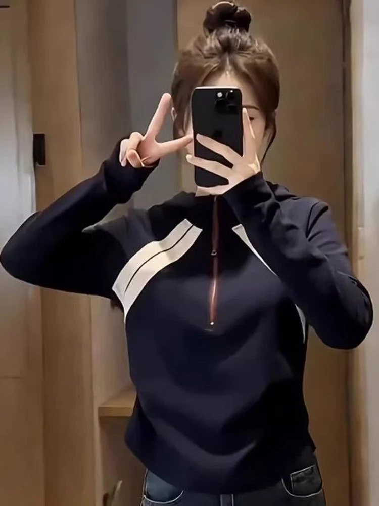 

Женская футболка с длинным рукавом Slim Fit, укороченная, с молнией, в стиле колор-блок, повседневный топ в корейском стиле, влагоотводящая толстовка