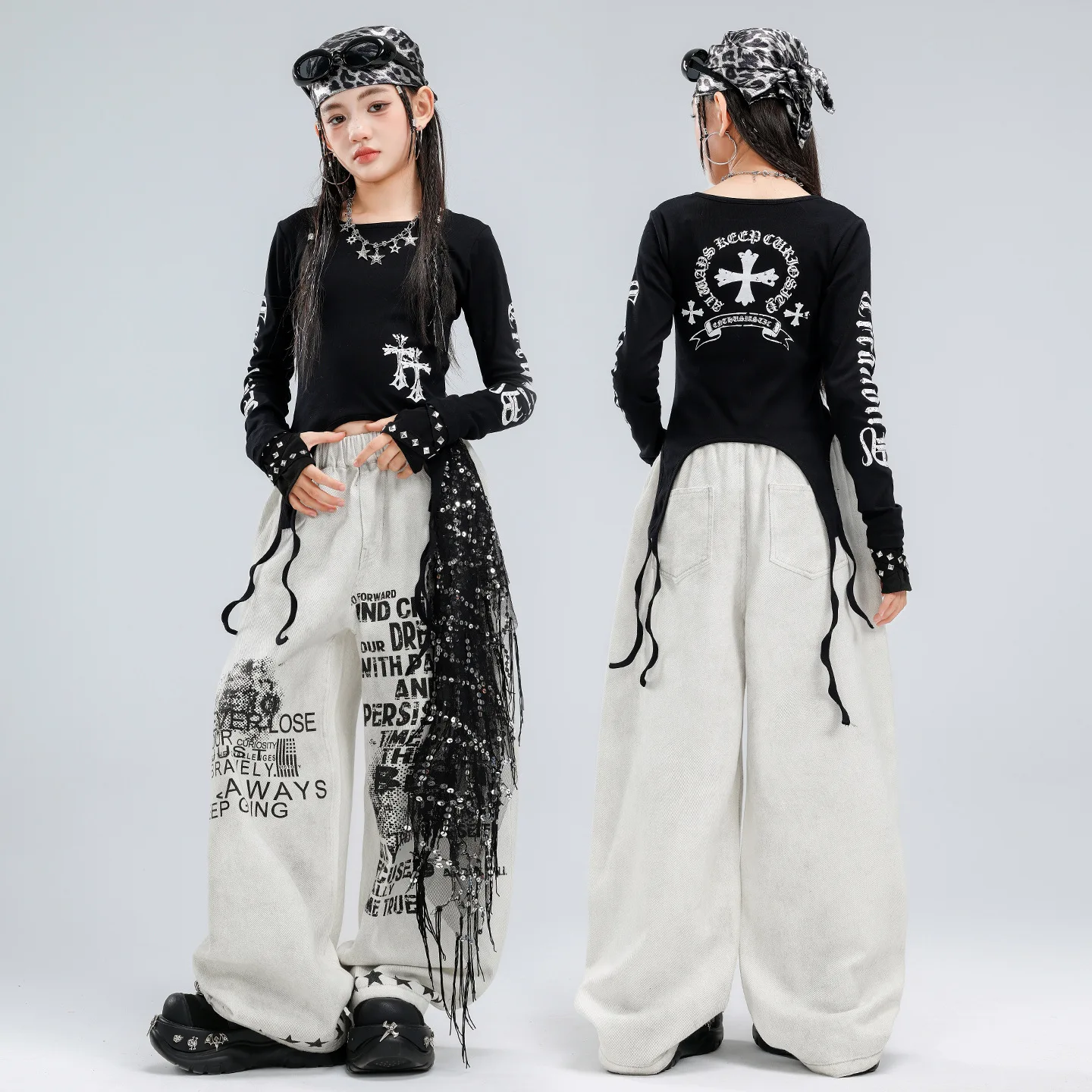 Girls Jazz Dance Costume Set Cross Print Irregular Fringe Crop Top&Letter Losse Pants Kids Hip Hop Kpop Stage Performance Outfit