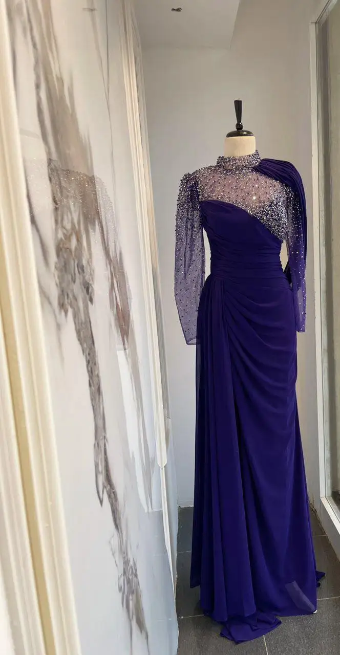 FATAPAESE Customized Muslim Evening Dress Illusion Beaded Crystal Neck Full Sleeve Side Slit Chiffon Skirt Special Occasion Gow