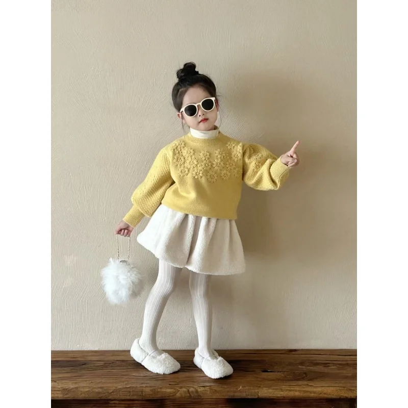 

Korean Sle Sweet Flower Sweater And Plu Skirt Set for Girls Warm And Faionable Children's Clothing Autumn Winter Kids