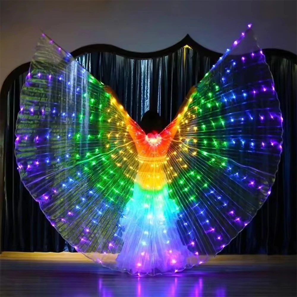 LED Regenboog Kleur Gloeiende Vleugel Lichtgevende Vleugel Buikdans Kostuum LED Party Show Dancewear Fluorescerend Licht Volwassen Kinderen