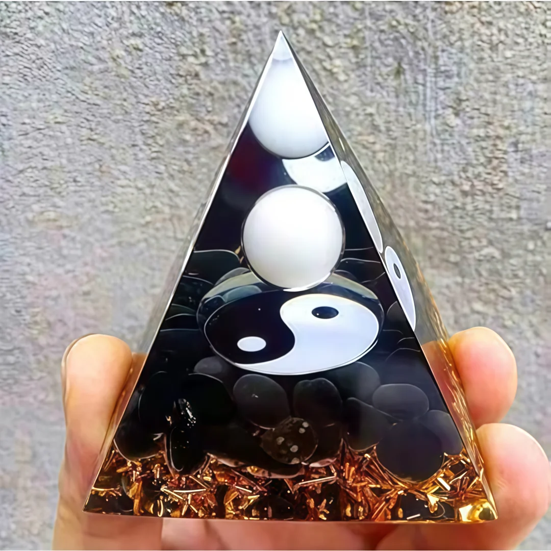 1pc Orgonite Pyramid, Yin Yang Crystal Pyramid White Quartz Sphere Orgone Black Obsidian Orgonite, Handmade Ornaments view 5