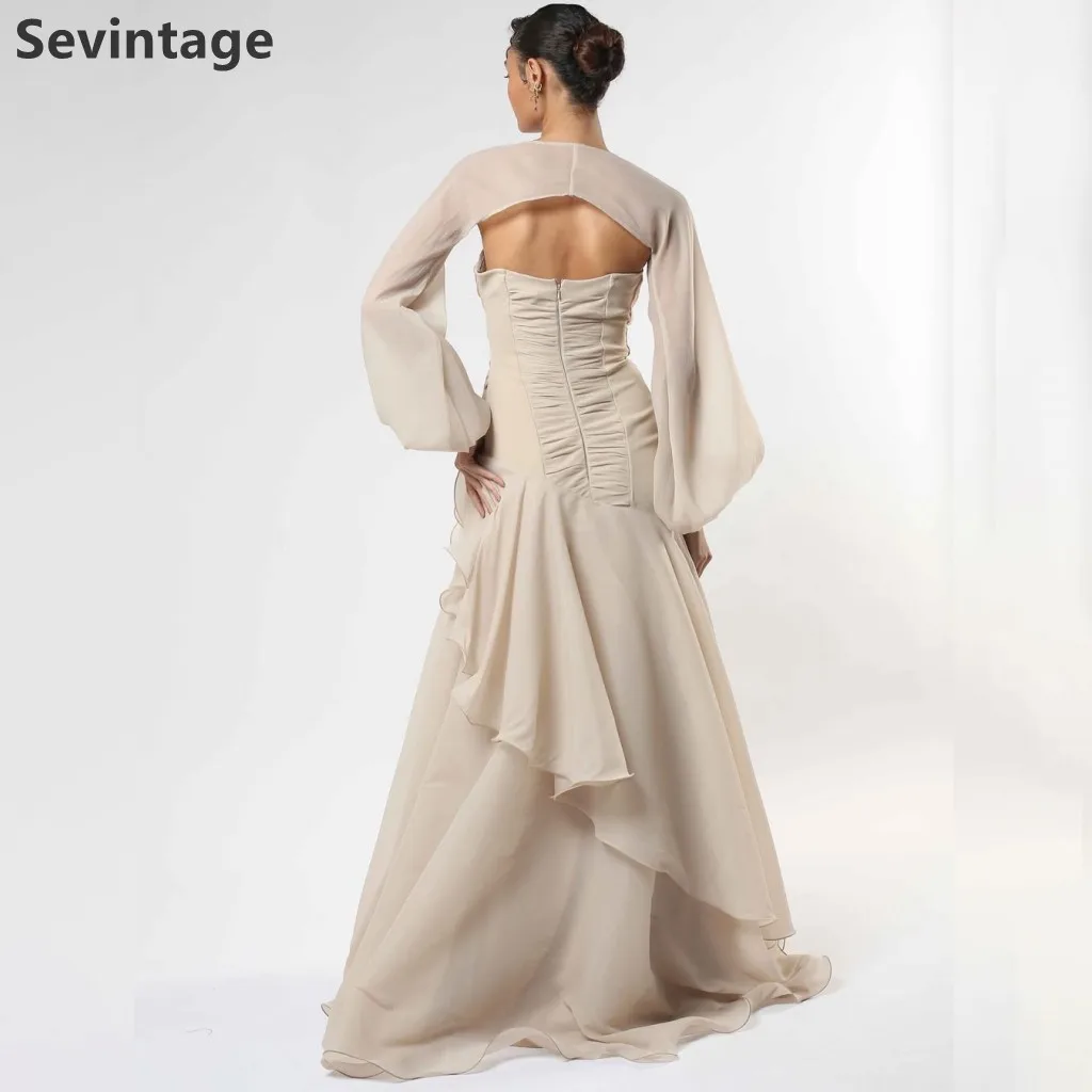 Sevintage 2025 champán una línea de gasa Maxi vestido de noche con chaqueta Arabia Saudita vestido de fiesta Dubai vestido de fiesta personalizado