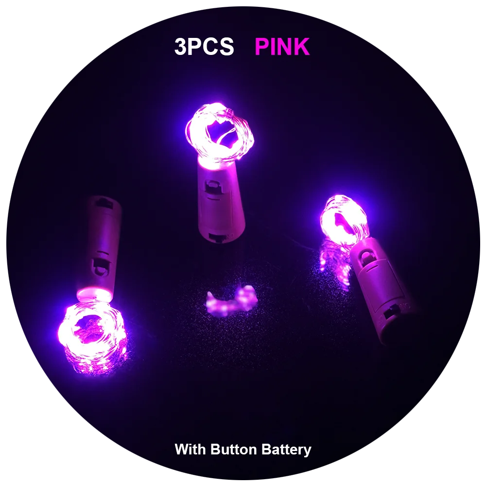 

3Pcs Pink Wine Cork 20LEDS Birthday Party Bar Wedding Celebration Holiday Christmas AG13 Button Battery 2M with 3 Batteries