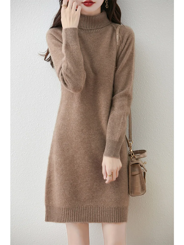 

Autumn Winter Women Cashmere Dress Turtleneck Pullovers Long Sleeve Skirts Sweater 100% Merino Wool Knitwear Sweater Dress
