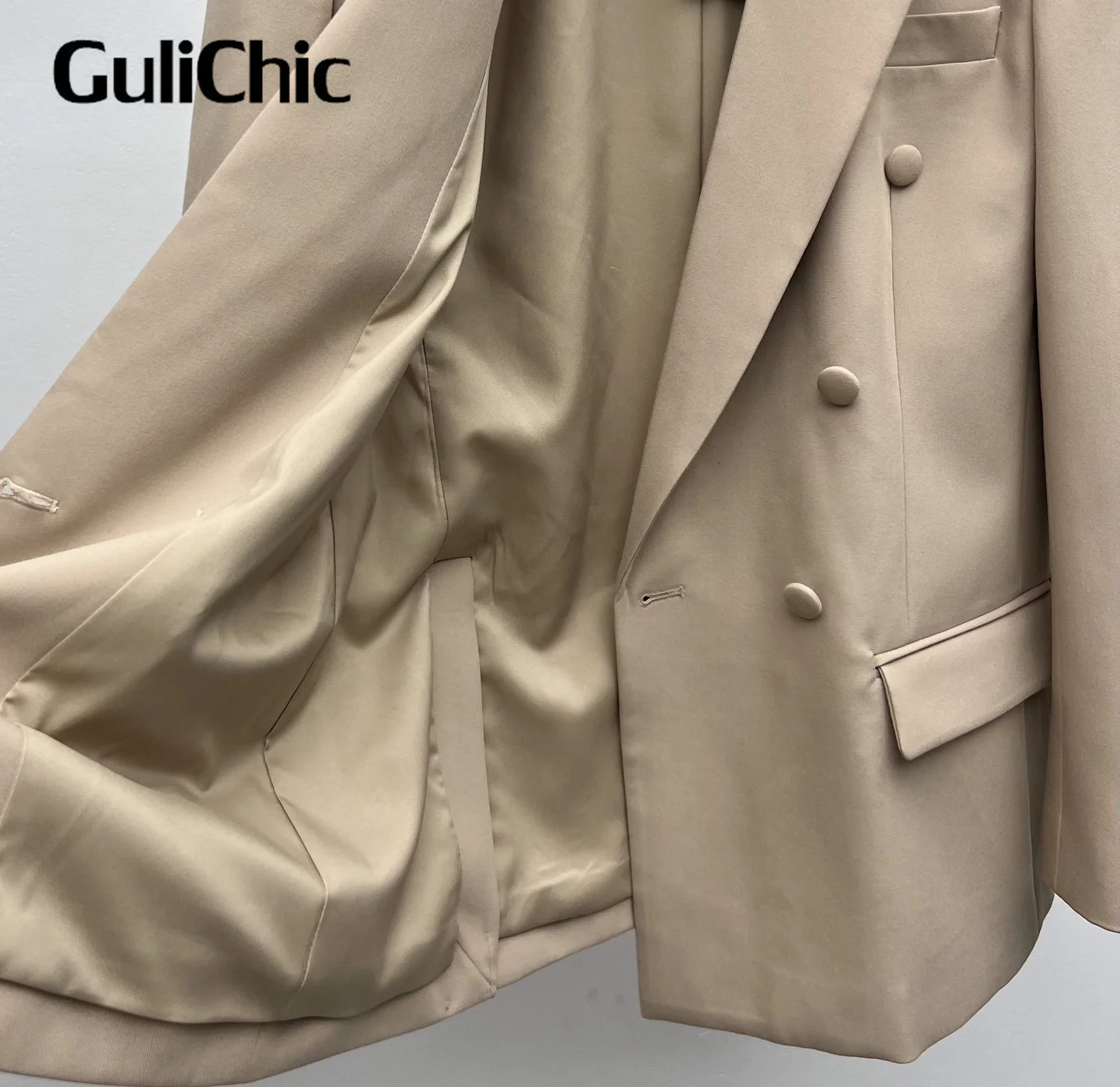 8.31 GuliChic Women Classic Temperament colore kaki colletto dentellato doppio petto manica lunga Blazer sciolto