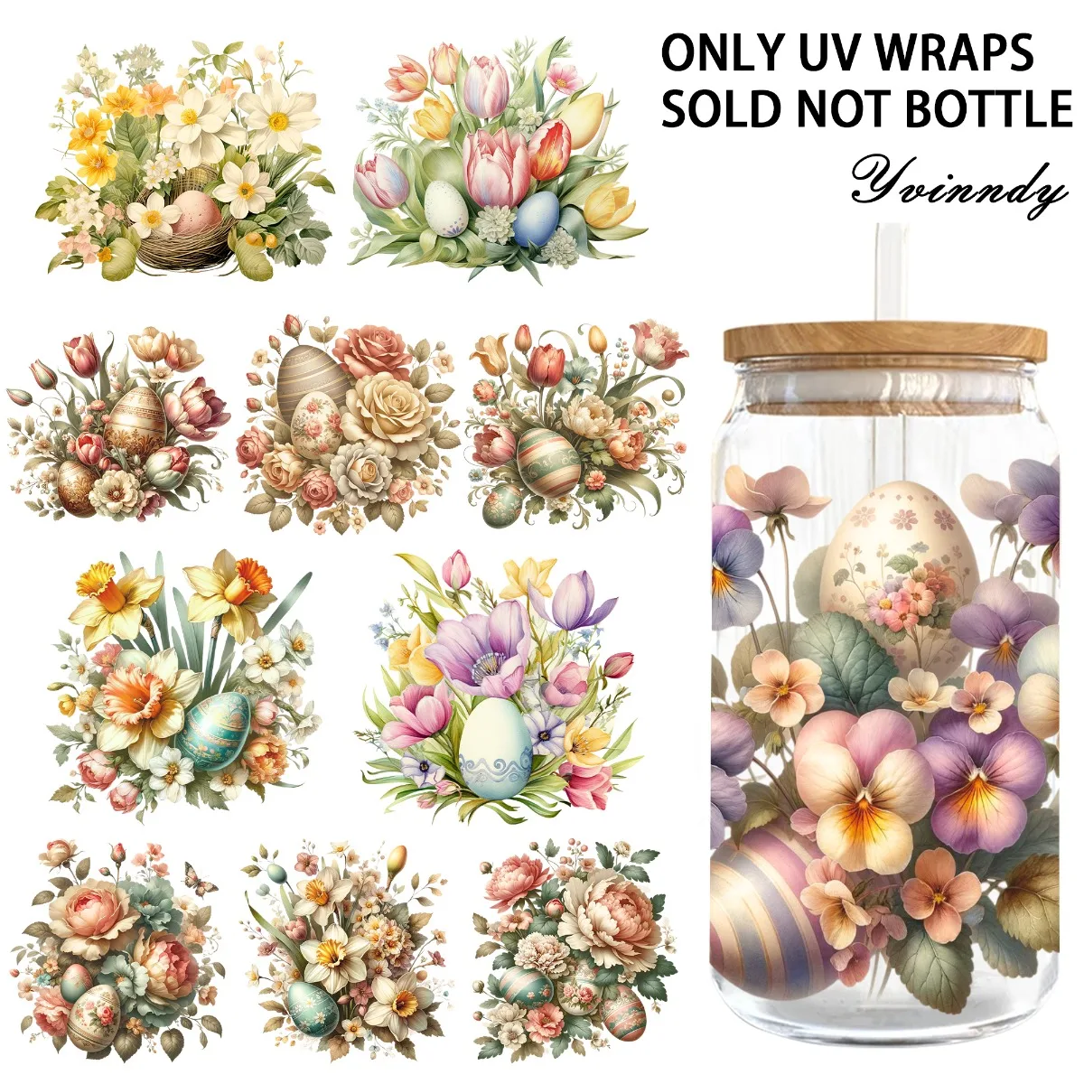 5 Stück/Set Blumen-Ostern-UV-DTF-DIY-Transferaufkleber für DIY-Becher (nur der Transferaufkleber ist enthalten)