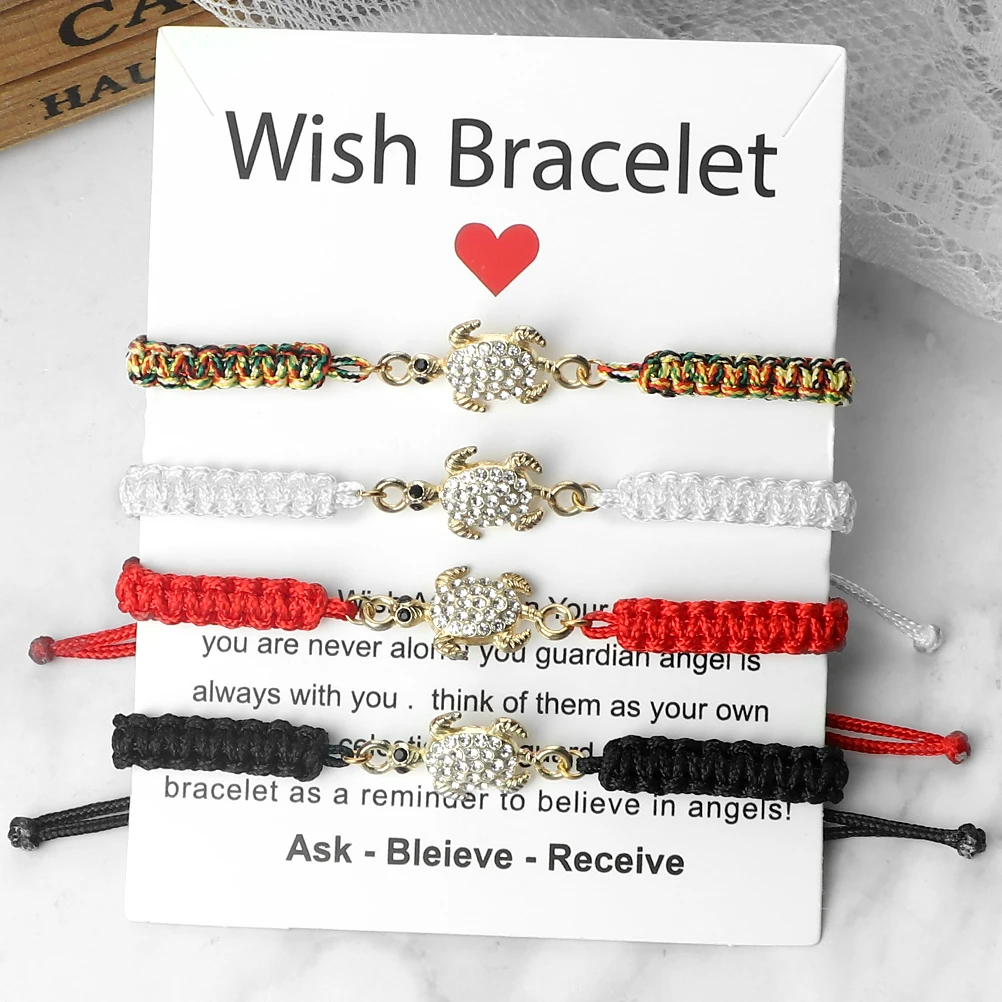 New Women String Bracelet Charm Alloy Crystal Turtle Handmade Red Black White Rope Braided Bangles for Couple Friendship Jewelry