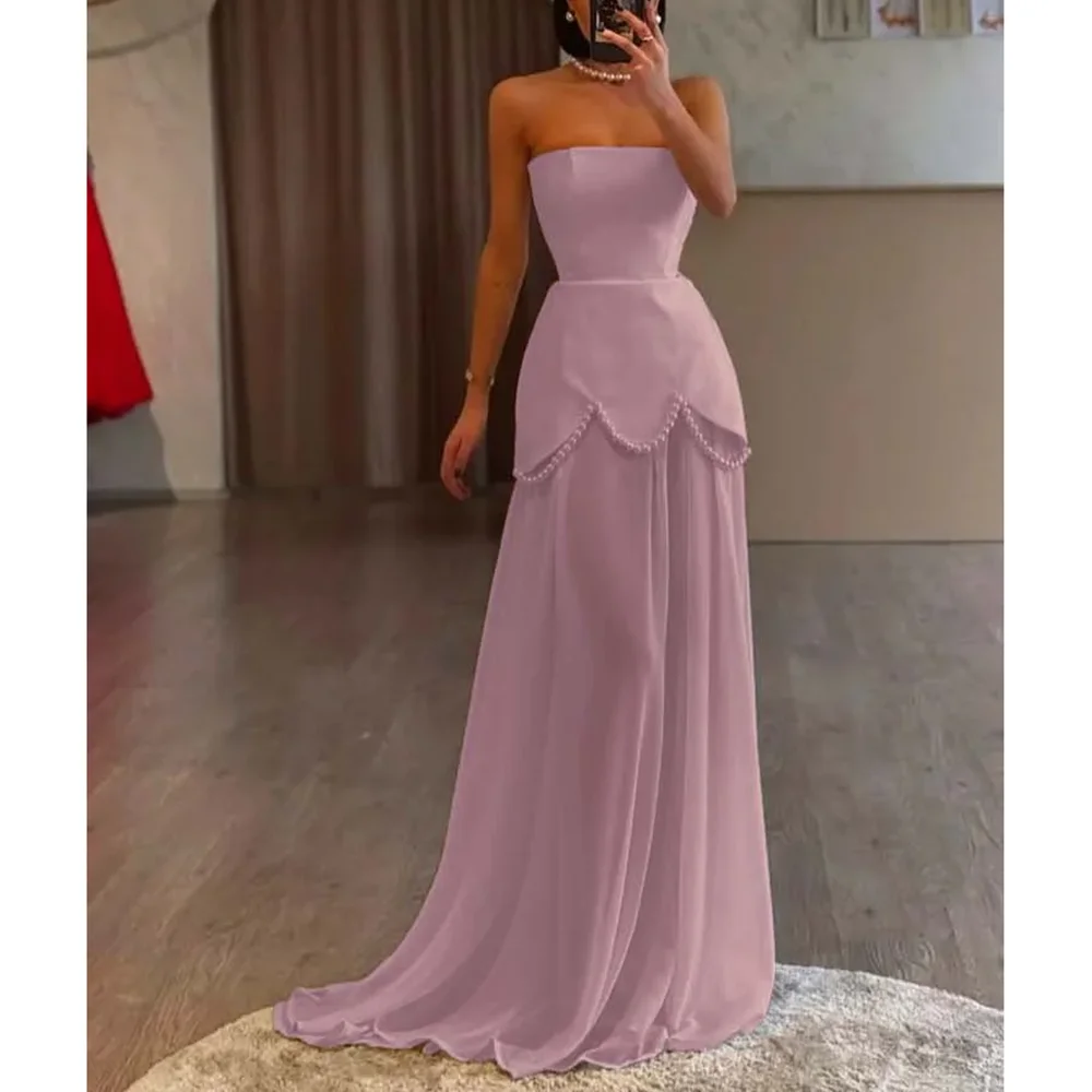 

Modern Style Evening Dresses Luxury Pearls Strapless Floor Length Dress Formal Party Gown Red Carpet Banquet Dress For Women