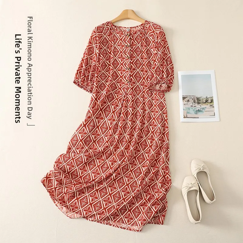 

Summer New plus Size V-Neck Printed Cotton Dress Thinming Loose Long Skirt Korean Style A-Line Midi Dress for Women