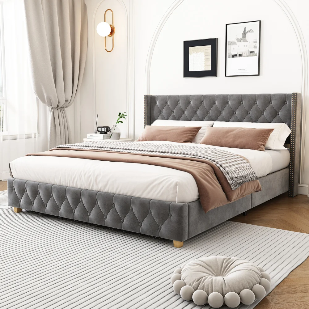 Bed 160x200 cm upholstery with slatted frame, headboard and wooden legs, velvet Grey