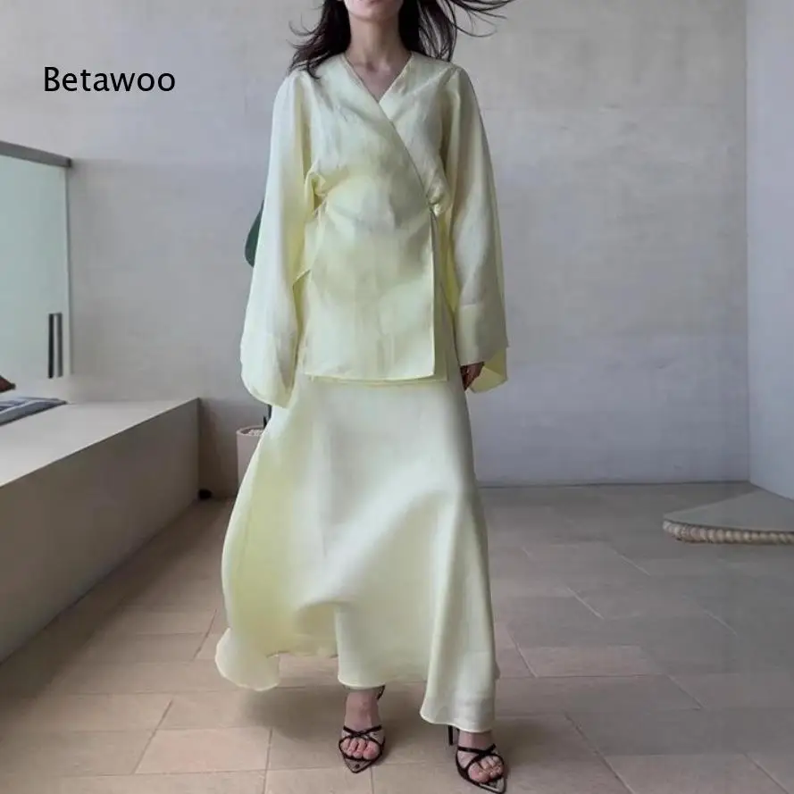 Women Multi Color Satin Wrap Two Piece Set Long Sleeve V Neck Tie Waist Top Mermaid Maxi Skirt Elegant Outfit view 4
