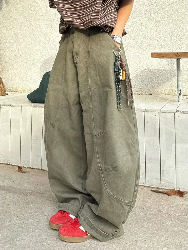 Retro Japanese Style Oversize Wide Leg Deconstructed Work Pants Loose Washed American High Street Men's Bent Knife Pants