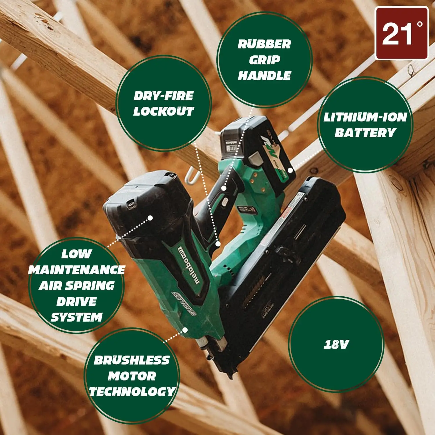 Metabo HPT nirkabel 18V MultiVolt™Kit pemaku bingkai | 21 derajat majalah | Kuku kepala bulat dari 2 inci hingga 1/2 inci