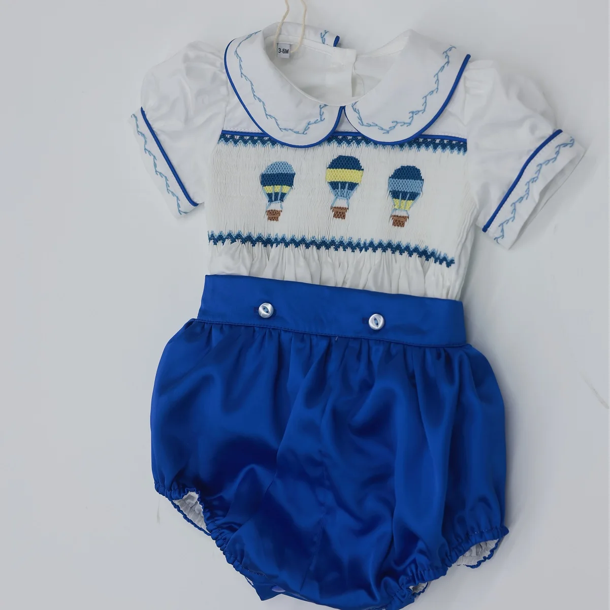 0-6Y Baby Boy Summer Short Sleeves Hot Air Balloon Handmade Embrodery Smocked Blue Outfit Suit for Birthday Holiday  Casual A12