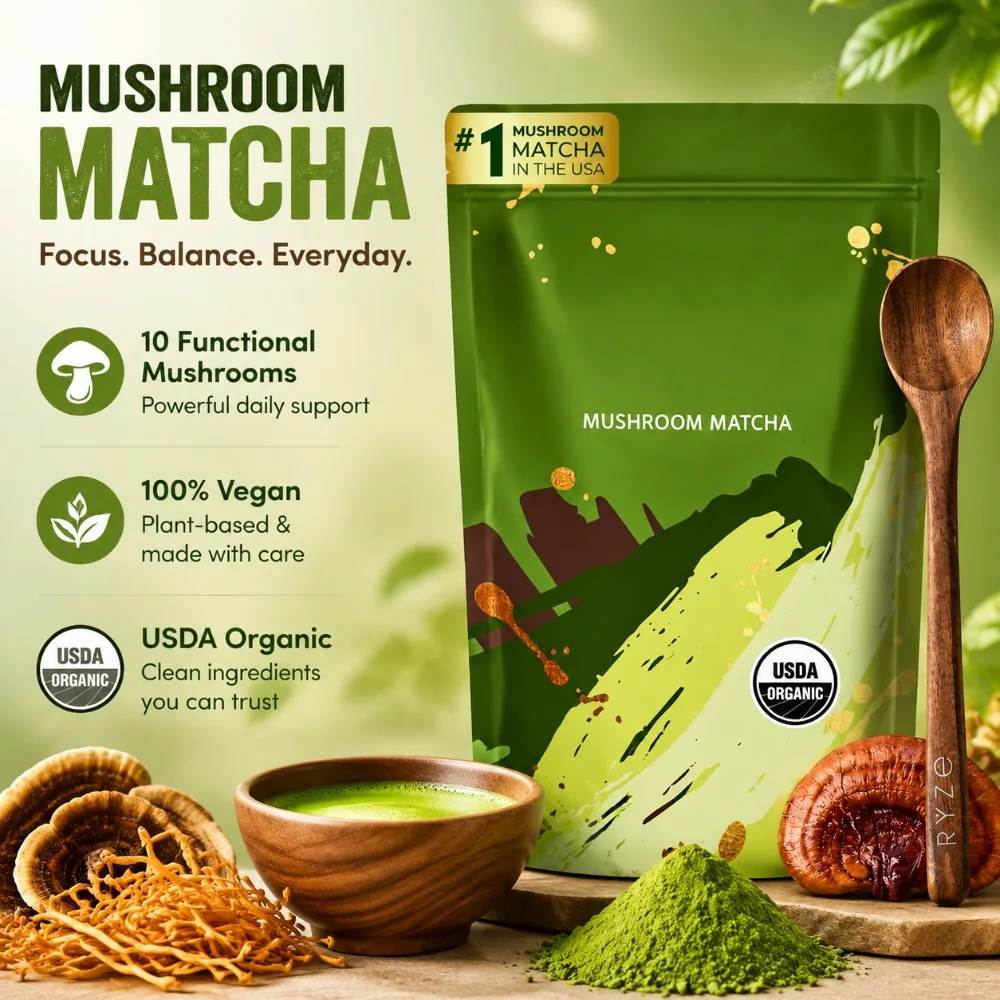 Organic Mushroom Matcha Powder with Lion's Mane, Reishi & Cordyceps for Focus & Energy, Ceremonial Matcha, 30 Servings, 180g