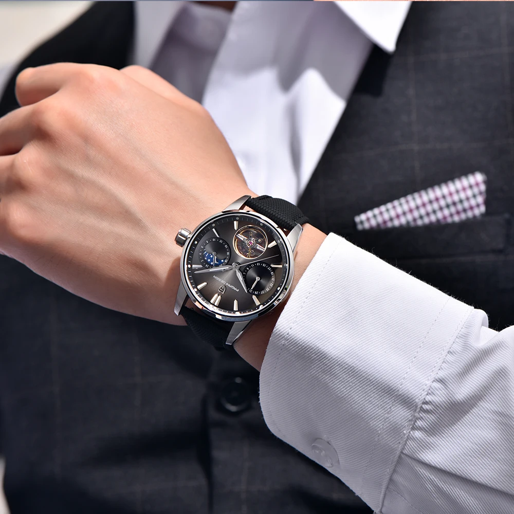 PAGANI DESIGN 2025 جديد الطيار 41 مللي متر ساعة ميكانيكية للرجال الياقوت الزجاج Moonphase الجلود 10bar مقاوم للماء reloj hombre