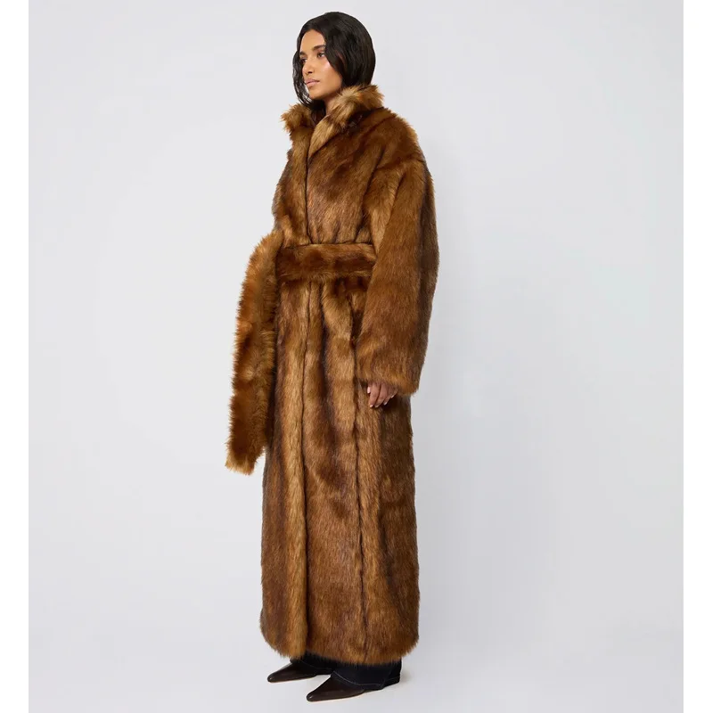 Luxury Brand Vintage Harajuku Long Fur Coat Women Thick Warm Faux Fur Coat Winter Trench Coat Belt Design Windproof Outerwear