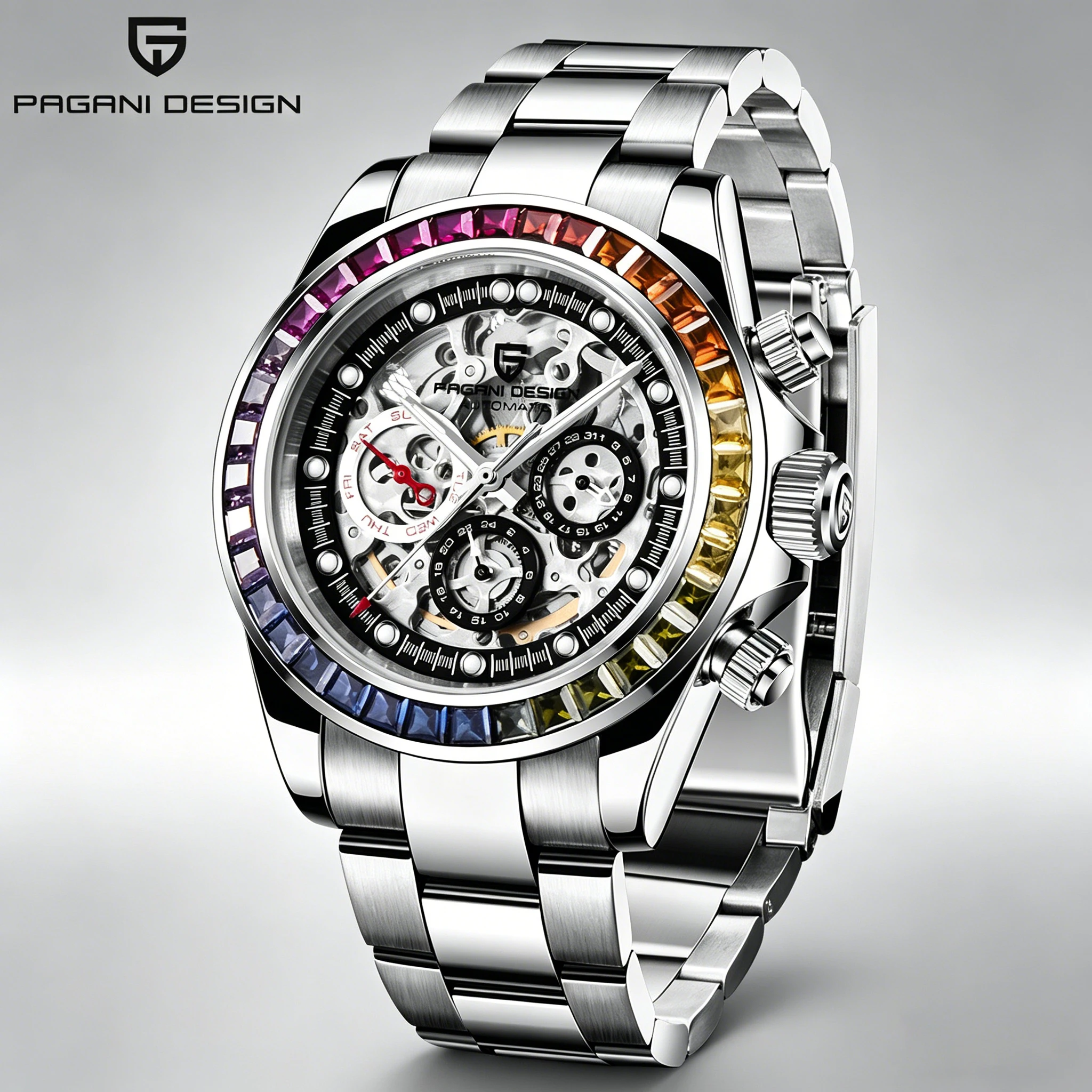 PAGANI DESIGN männer Mechanische Automatische Uhr Mode Regenbogen Kreis Edelstahl Saphir Uhr Reloj Hombre PD1653