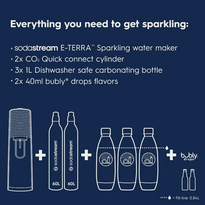 SodaStream - صانع الصودا E-TERRA |   حزمة القيمة |   3 مستويات كربونات أوتوماتيكية، تتضمن 2x اسطوانات ثاني أكسيد الكربون