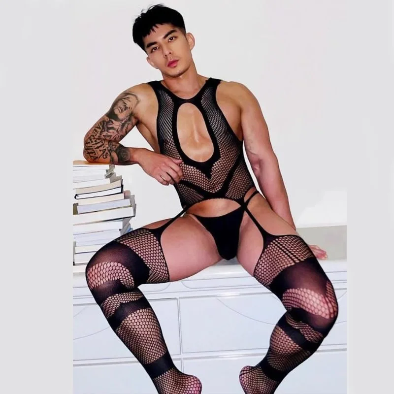 Sexy Mens Bodysuit Porno Lingerie Male Underwear Mesh Large Sleepwear Sex Uniform Sissy Gay Temptation Nighties Bodystocking